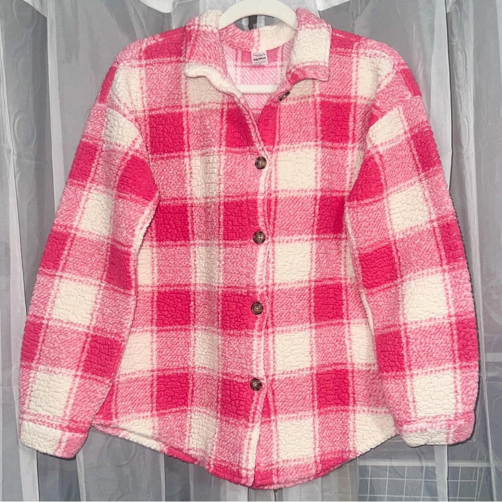 Carter's Buffalo Plaid Button Front Sherpa Shacket - Pink/White, Size 14